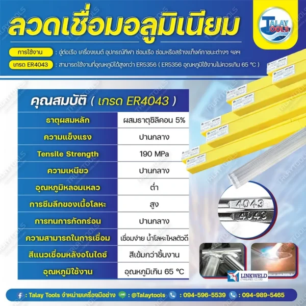 ลวดเชื่อมอลูมิเนียมแก๊ส (TIG) LINKWELD LKT4043 2.4 mm. - Image 2