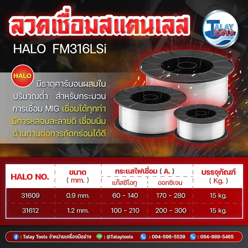 ลวดเชื่อมมิกสแตนเลสชนิดตัน HALO FM-316LSi ขนาด 1.2 มม. ม้วน 15 กก. มาตรฐาน AWS A5.9 ER316LSi ลวดเชื่อมผสมโมลิบดีนัมและซิลิคอนสูง สำหรับงานเชื่อมสแตนเลสเกรด 316L ที่ต้องการความทนทานต่อกรดและสารเคมีสูง