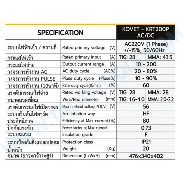 เครื่องเชื่อมอาร์กอน KOVET KRT200P 200A AC/DC TIG (GTAW) - Image 2
