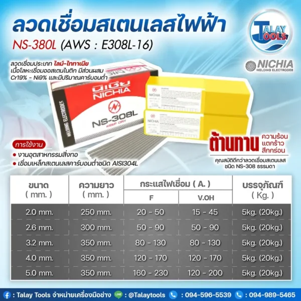 ลวดเชื่อมสแตนเลสไฟฟ้า NICHIA 308L (5.0มม.) 5กก. (1ลัง/20กก.) E308L-16 - Image 3
