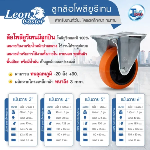 ล้อโพลียูรีเทน มีลูกปืน ( แป้นตาย ) ขนาด 4 นิ้ว - Image 2