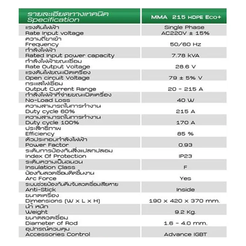 เครื่องเชื่อมไฟฟ้า MMA 215 HDPE Eco+ ระบบอินเวอร์เตอร์ LONGWELL 7 215 สเปค longweld result