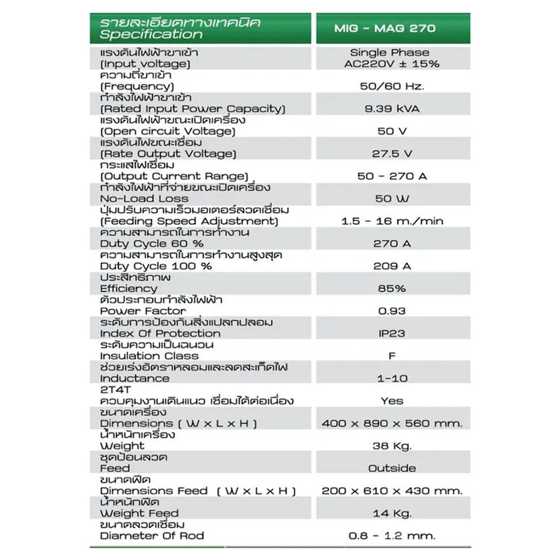 เครื่องเชื่อมมิกแมก MIG-MAG 270 ระบบอินเวอร์เตอร์ LONGWELL 7 สเปค MIG MAG 270 result