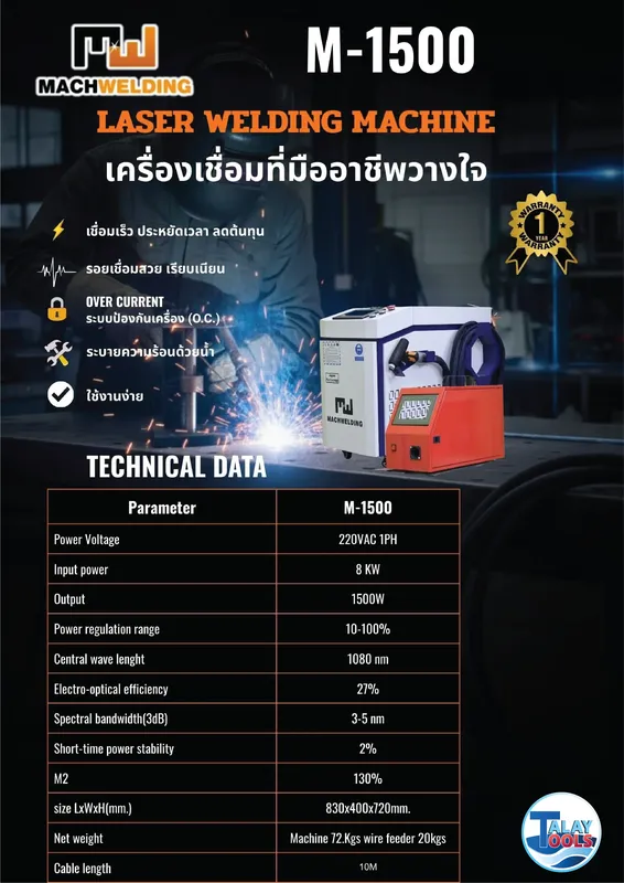 เครื่องเชื่อมเลเซอร์ Fiber Laser 1500W MW รุ่น M-1500 7 เครื่องเชื่อมเลเซอร์ Fiber Laser 1500W MW รุ่น M-1500