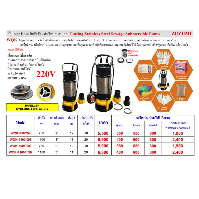 ZUZUMI WQK-750F/QG ปั๊มแช่ดูดโคลน ใบพัดตัด ตัวเรือนสแตนเลส 7 ZUZUMI WQK-750F/QG ปั๊มแช่ดูดโคลน ใบพัดตัด ตัวเรือนสแตนเลส - Image 2